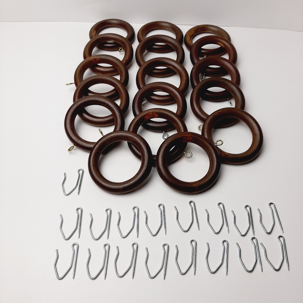 🍒 Wood Curtain Rings 17pcs. Metal Screw Eyes Medium Brown